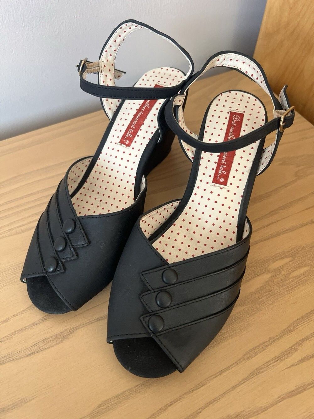 B.A.I.T. Footwear Black Peep Wedge Sandals Heels But Another Innocent Tale 8.5 - Picture 3 of 5